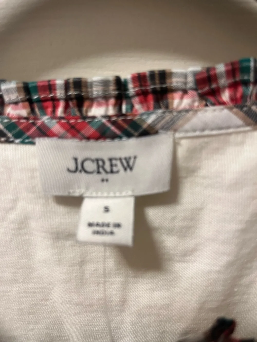 J. Crew Women’s Cream Long-Sleeve‎ Henley with Red Plaid Ruffle Trim Size Sm NWT